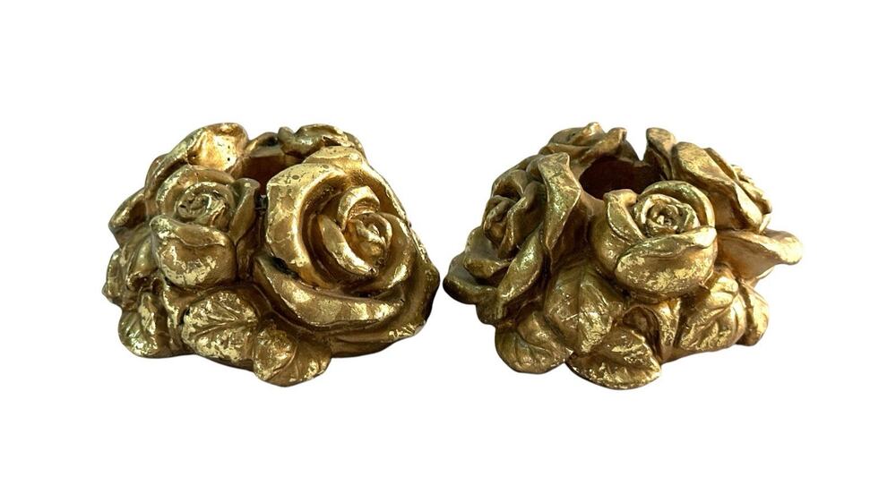 Vintage Gold Chalkware Rose Candle Holders Pair Floral Taper Candlesticks